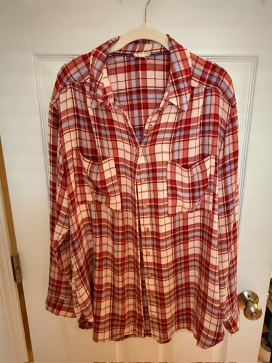 Pilcro Tops - Anthropologie Pilcro Relaxed Plaid Button-Down Shirt, Red, White, Blue, Size XL